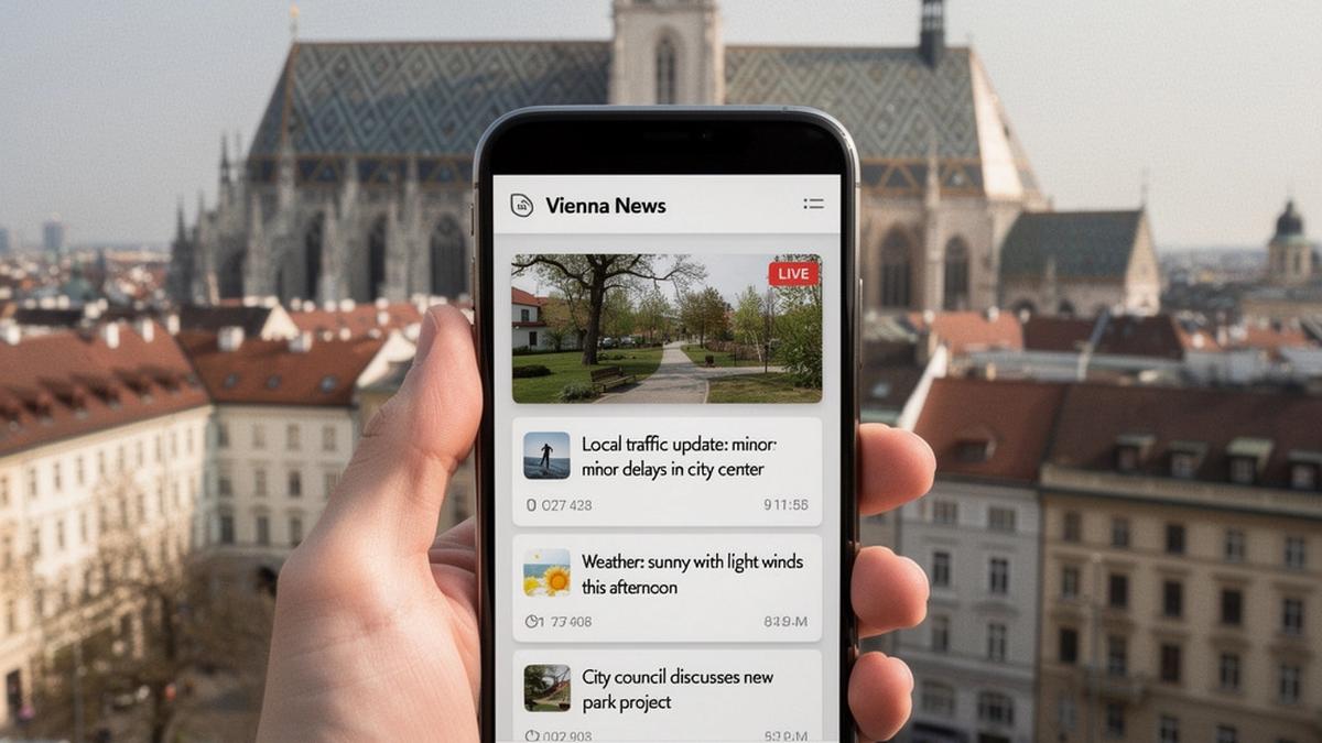 Illustratives Motiv: Smartphone mit lokalen Meldungen und Wien-Hintergrund