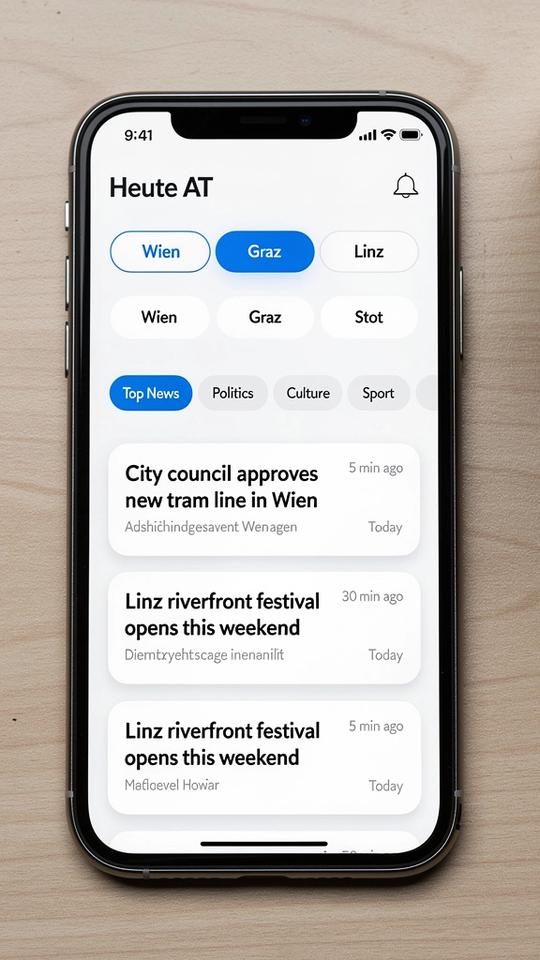 App-Screenshot: Österreich-Feed mit Regionen- und Themenfiltern