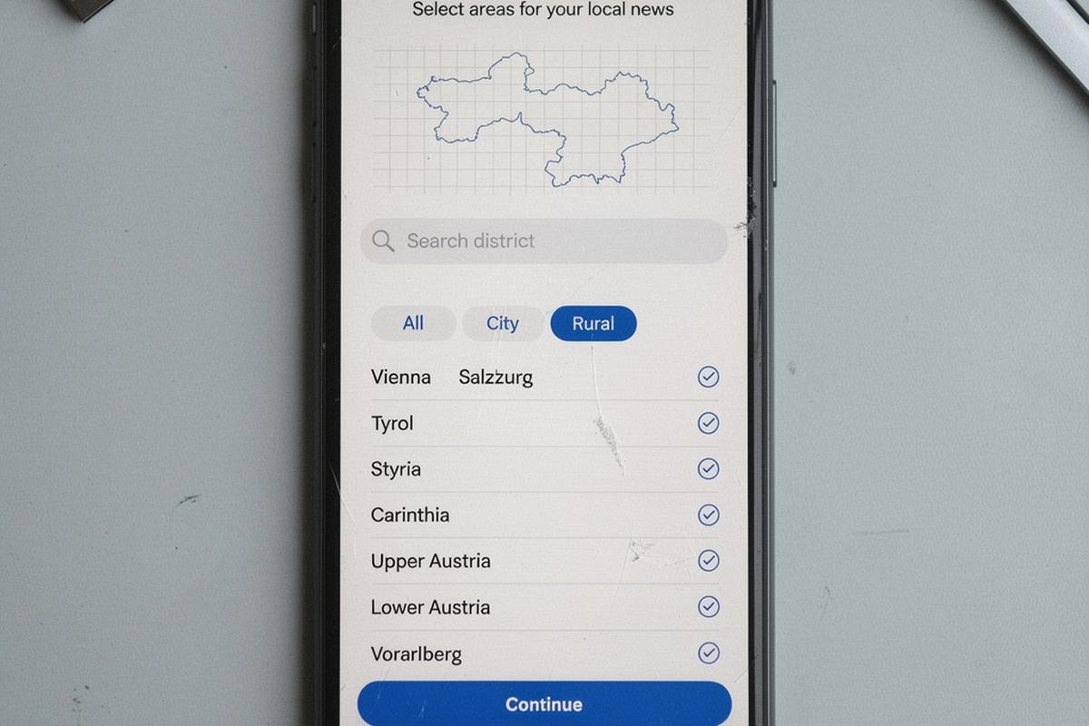 Mockup der App: Regionen-Auswahl mit Karte und Bezirksliste